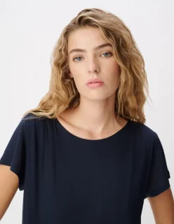 Tee-shirt marine fronces épaule et côté Femme