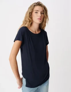 Tee-shirt marine fronces épaule et côté Femme