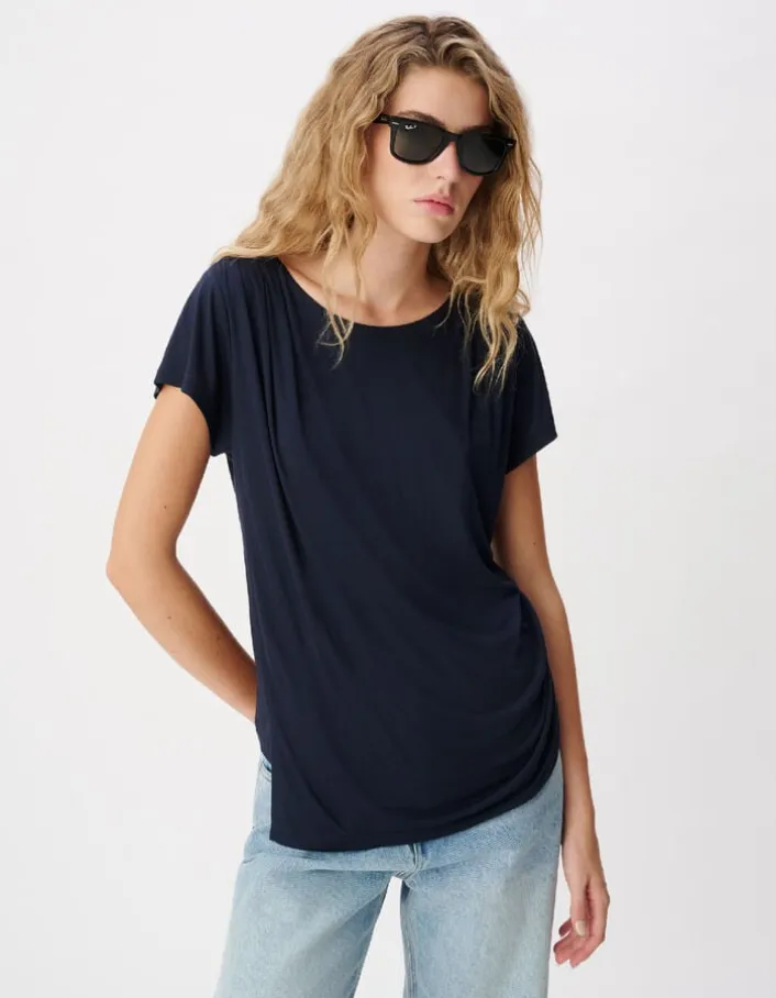 Tee-shirt marine fronces épaule et côté Femme