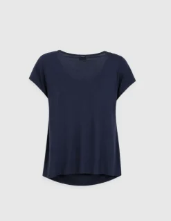 Tee-shirt marine fronces épaule et côté Femme