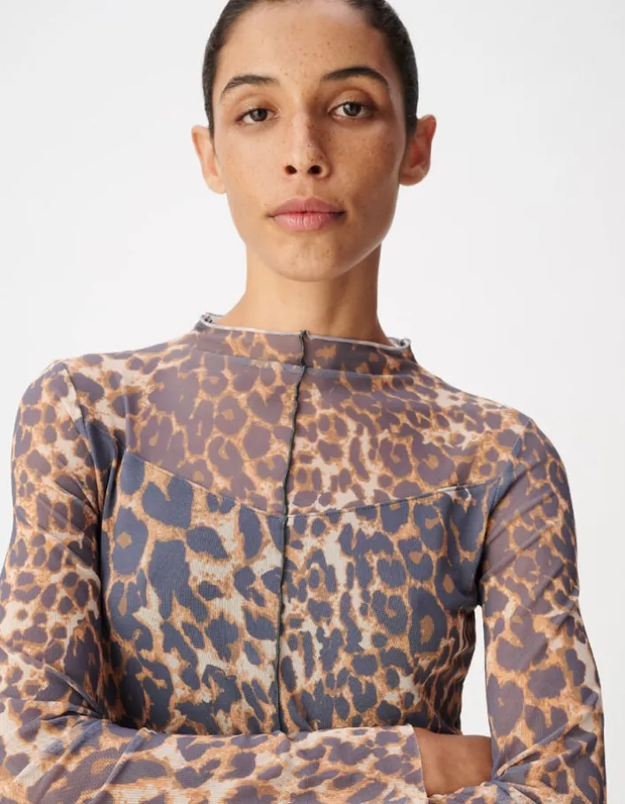 Tee-shirt marron résille motif léopard Femme