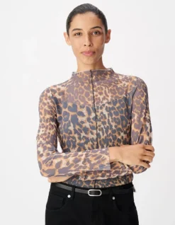 Tee-shirt marron résille motif léopard Femme