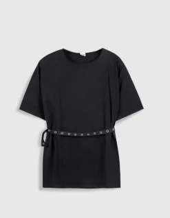 Tee-shirt mi-long noir avec ceinture amovible Femme