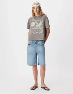 Tee-shirt oversize gris délavé visuel aigle Femme