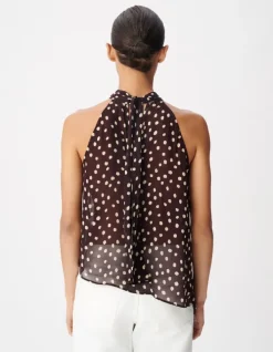 Top fluide asymétrique marron imprimé pois Femme