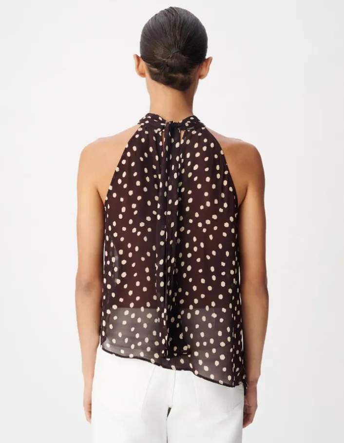 Top fluide asymétrique marron imprimé pois Femme