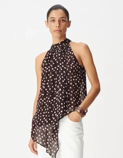 Top fluide asymétrique marron imprimé pois Femme