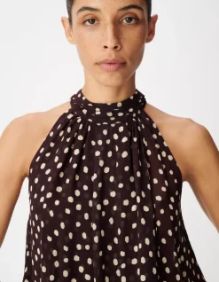 Top fluide asymétrique marron imprimé pois Femme