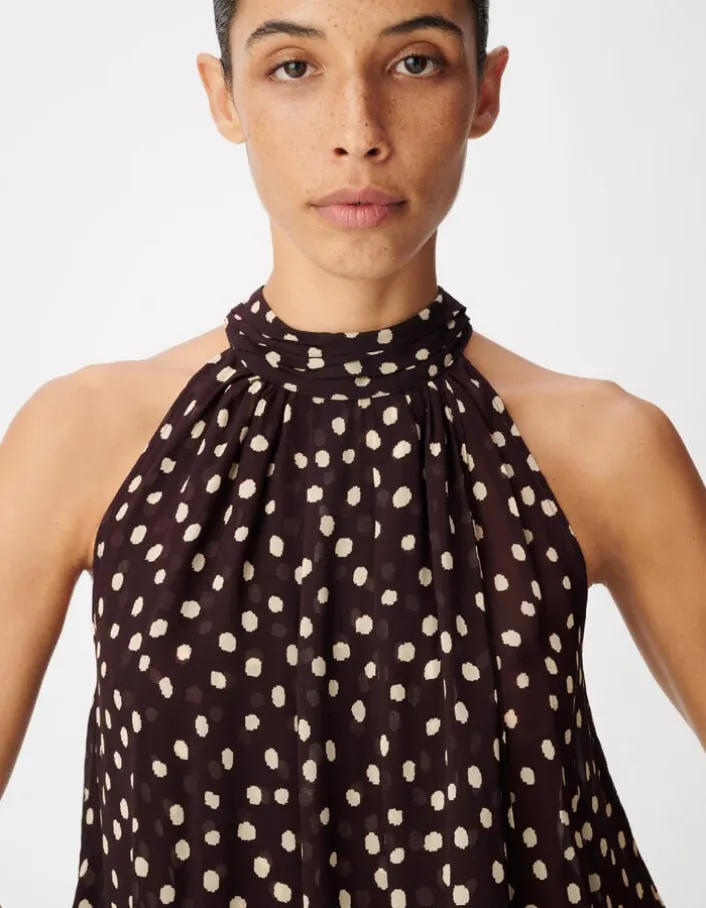 Top fluide asymétrique marron imprimé pois Femme