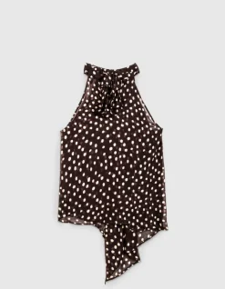 Top fluide asymétrique marron imprimé pois Femme