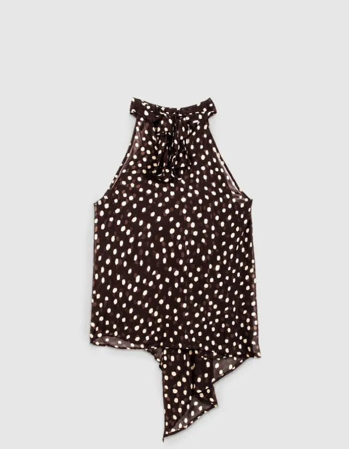 Top fluide asymétrique marron imprimé pois Femme