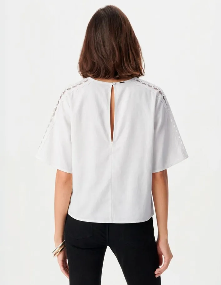 Top fluide écru dentelle manches Femme
