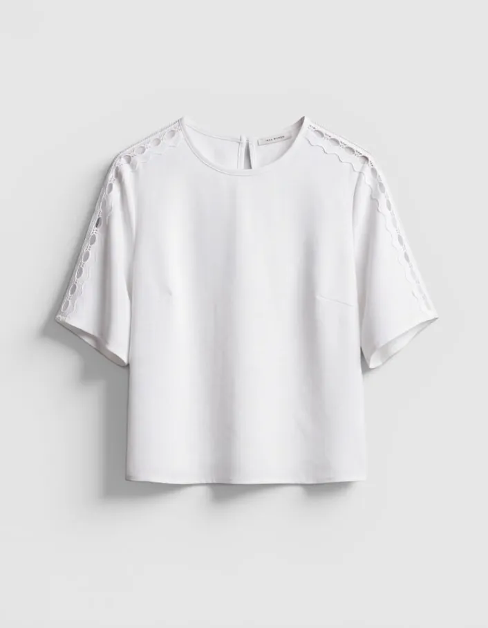 Top fluide écru dentelle manches Femme