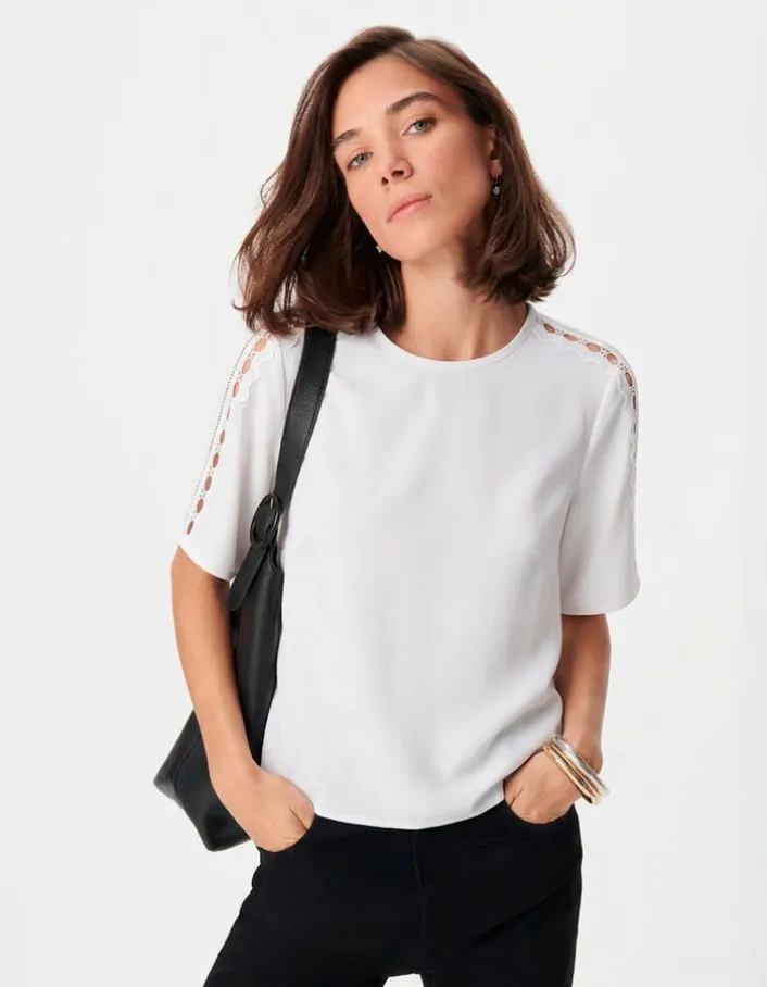Top fluide écru dentelle manches Femme