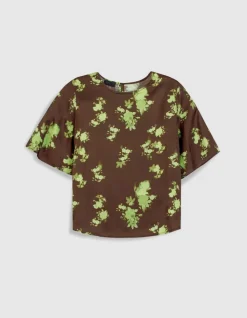 Top fluide marron imprimé tachiste flou Femme