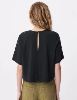 Top fluide noir dentelle manches Femme