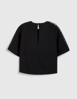 Top fluide noir dentelle manches Femme