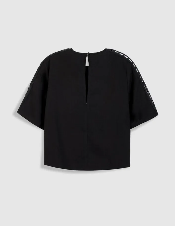 Top fluide noir dentelle manches Femme