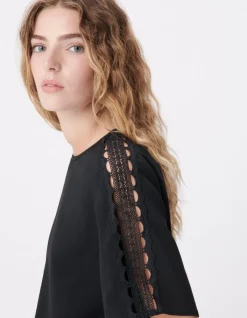 Top fluide noir dentelle manches Femme
