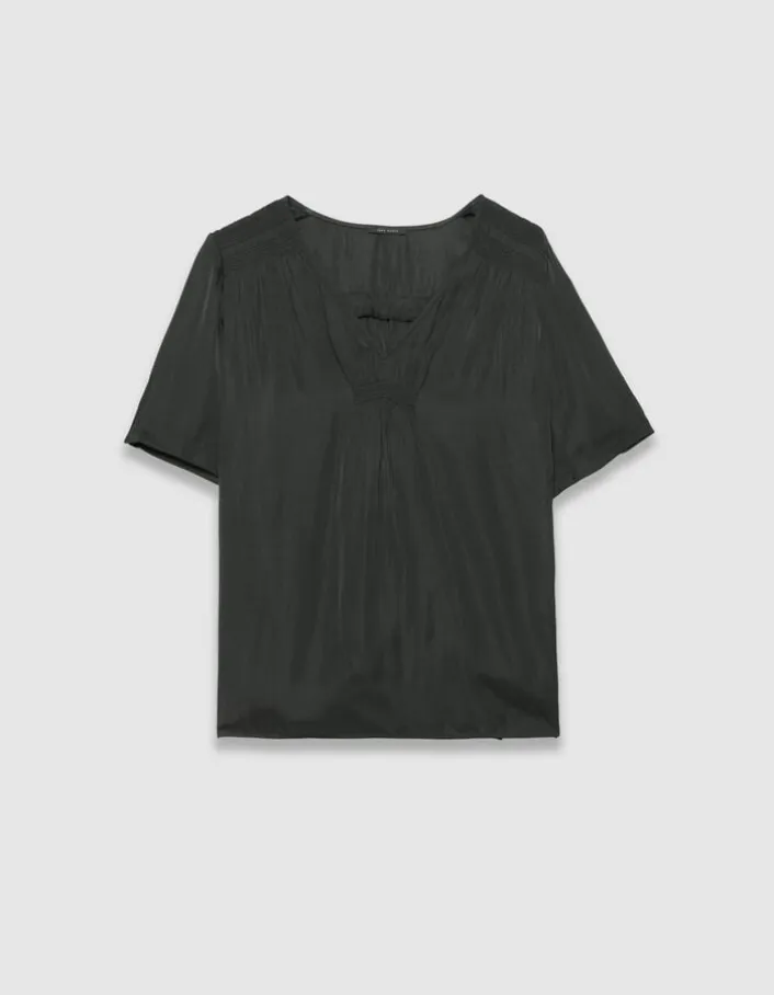 Top manches courtes noir satiné détails smocks Femme