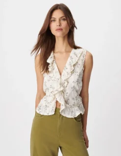 Top sans manches écru imprimé fleurs détail volant Femme