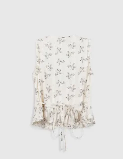 Top sans manches écru imprimé fleurs détail volant Femme