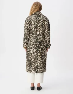 Trench long en jean marron à motif léopard Femme