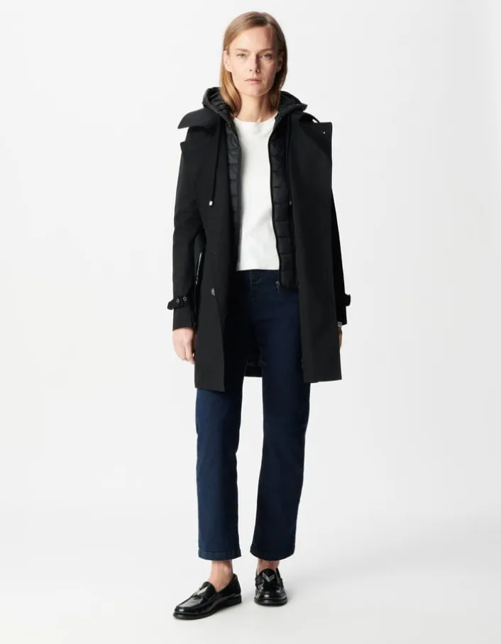 Trench noir capuche nylon amovible Femme
