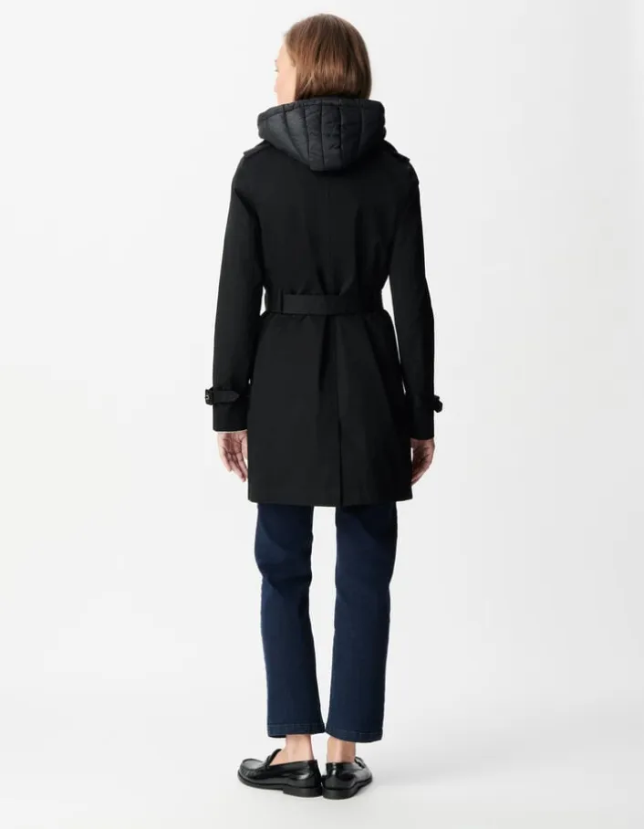 Trench noir capuche nylon amovible Femme