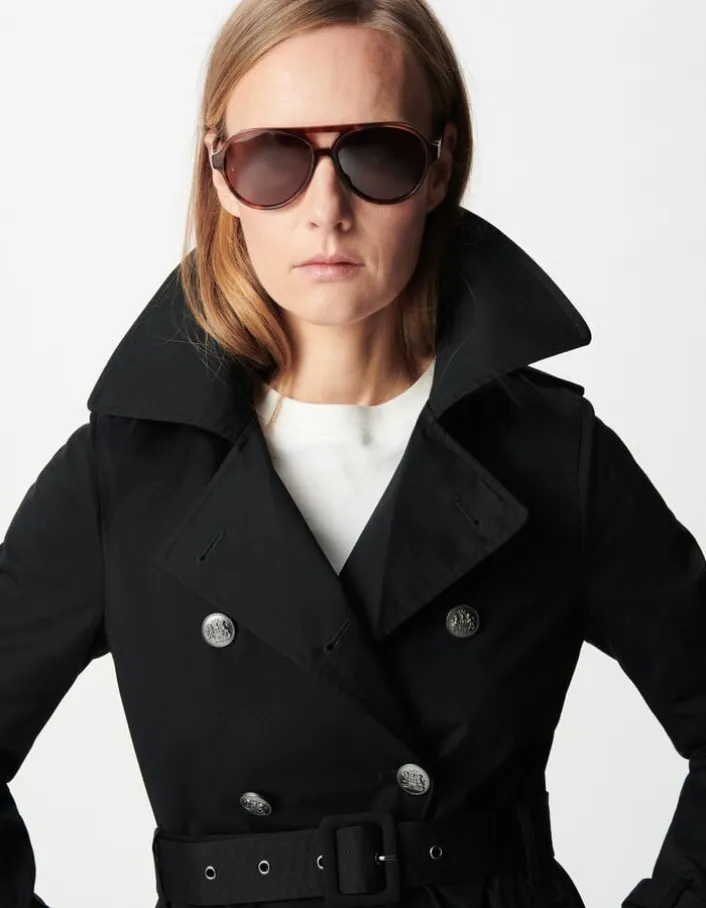 Trench noir capuche nylon amovible Femme
