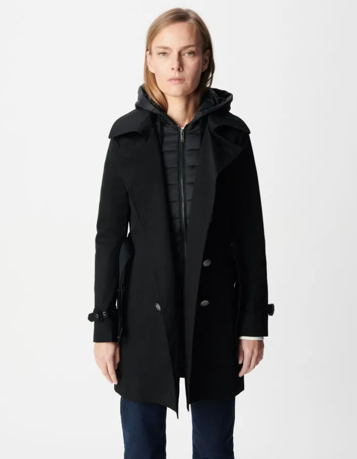 Trench noir capuche nylon amovible Femme
