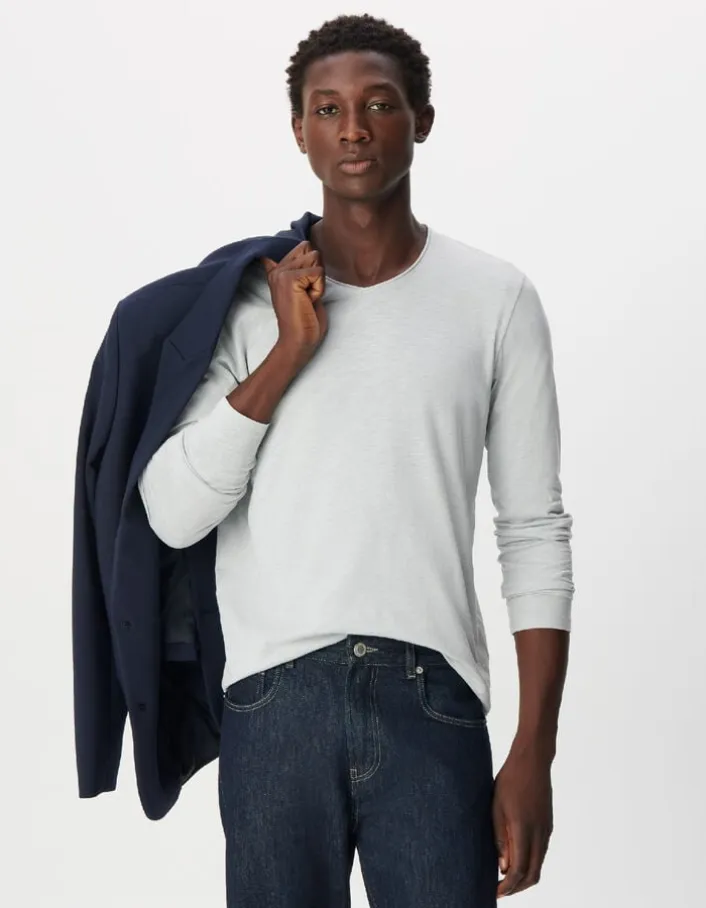 T-shirt col V gris coton flammé Homme