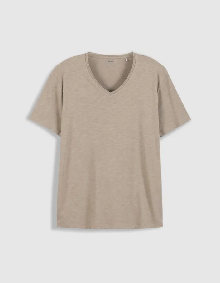 T-shirt encolure V beige coton bio flammé Homme