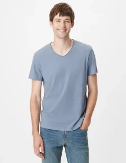 T-shirt encolure V bleu coton bio flammé Homme