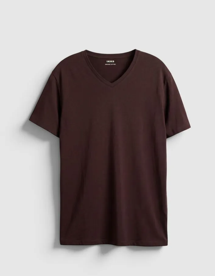 T-shirt encolure V marron coton bio flammé Homme