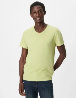 T-shirt encolure V vert coton bio flammé Homme