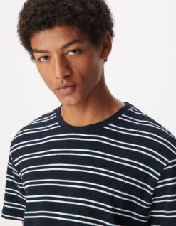 T-shirt marine maille gaufrée motif rayures Homme