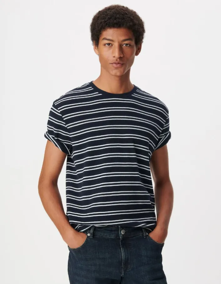 T-shirt marine maille gaufrée motif rayures Homme