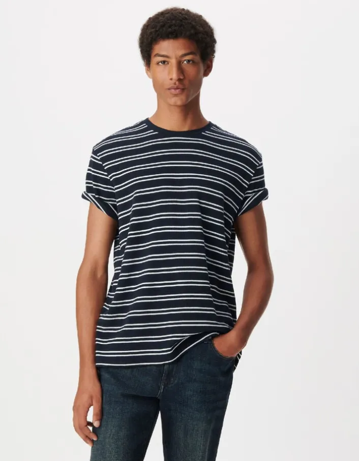 T-shirt marine maille gaufrée motif rayures Homme