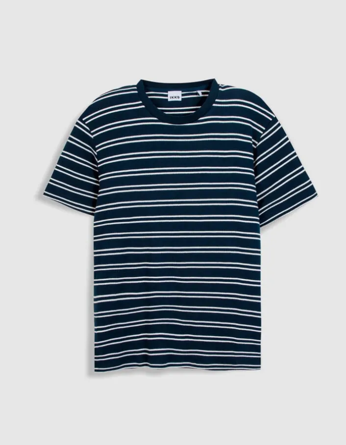 T-shirt marine maille gaufrée motif rayures Homme