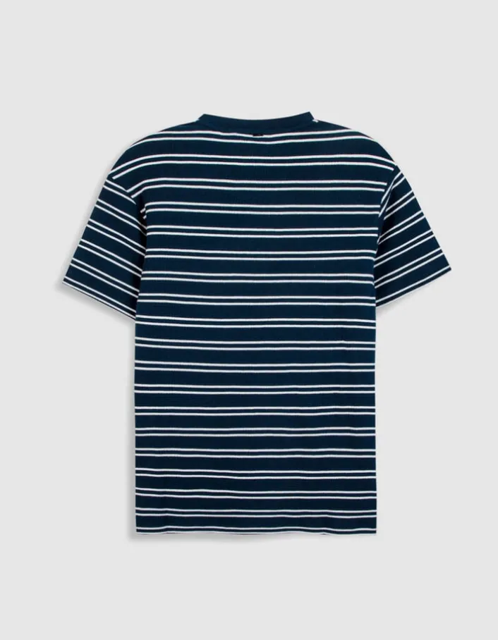 T-shirt marine maille gaufrée motif rayures Homme