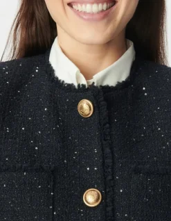 Veste courte marine effet tweed et sequins brodés Femme