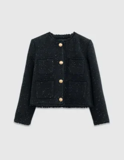 Veste courte marine effet tweed et sequins brodés Femme