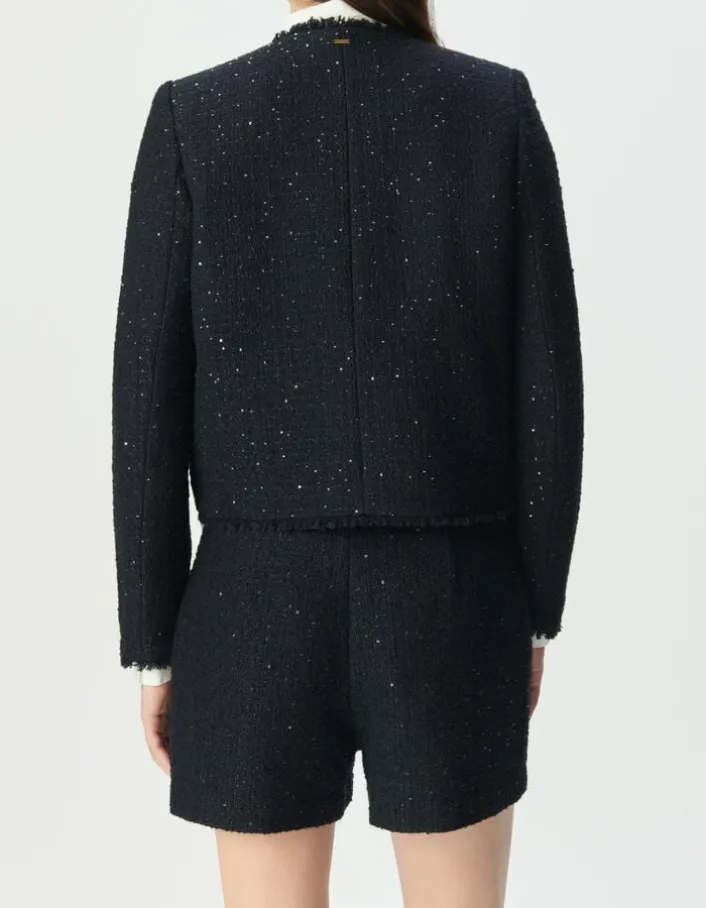 Veste courte marine effet tweed et sequins brodés Femme