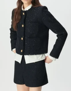 Veste courte marine effet tweed et sequins brodés Femme