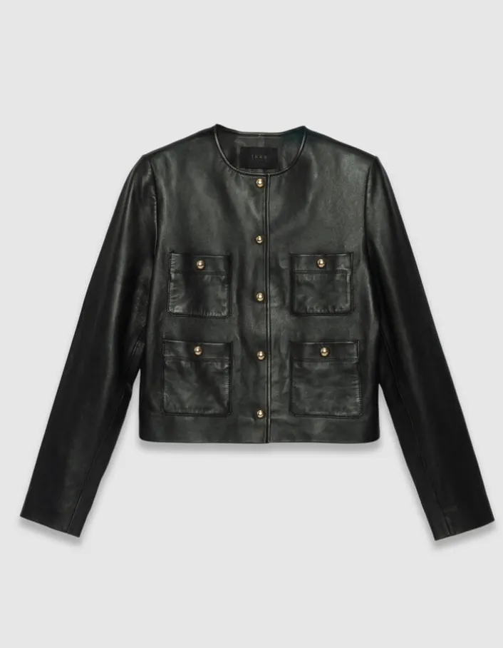 Veste courte noire en cuir quatre poches plaquées Femme