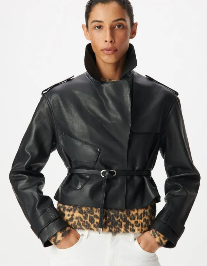 Veste cuir noir bavolet et poche biais Femme
