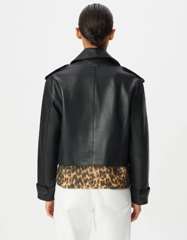 Veste cuir noir bavolet et poche biais Femme