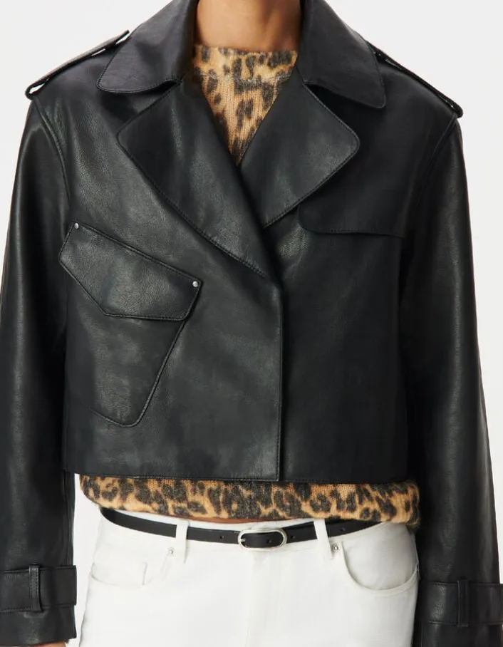 Veste cuir noir bavolet et poche biais Femme