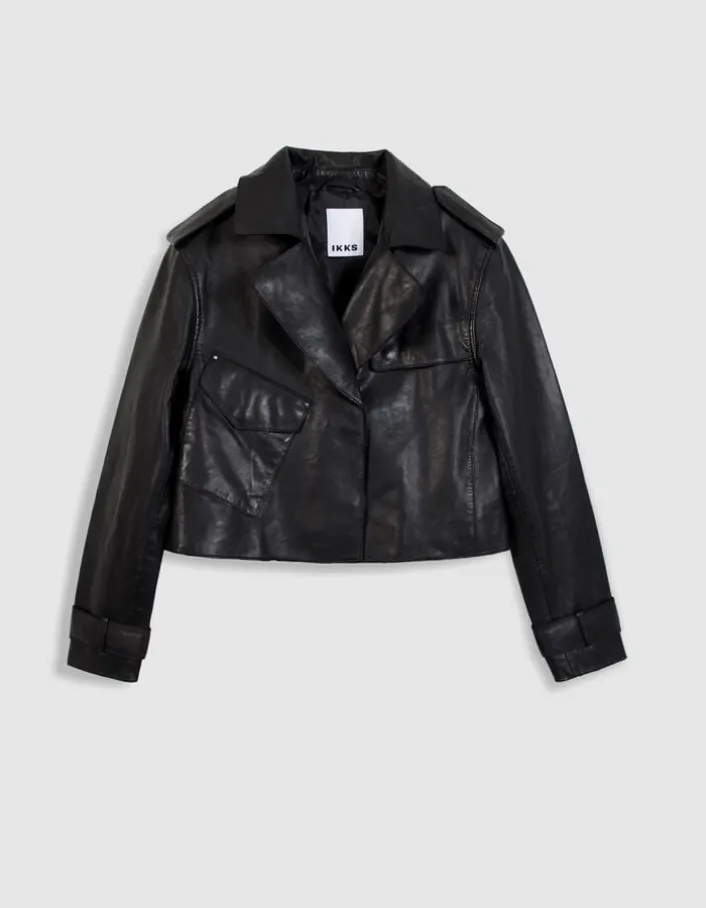 Veste cuir noir bavolet et poche biais Femme